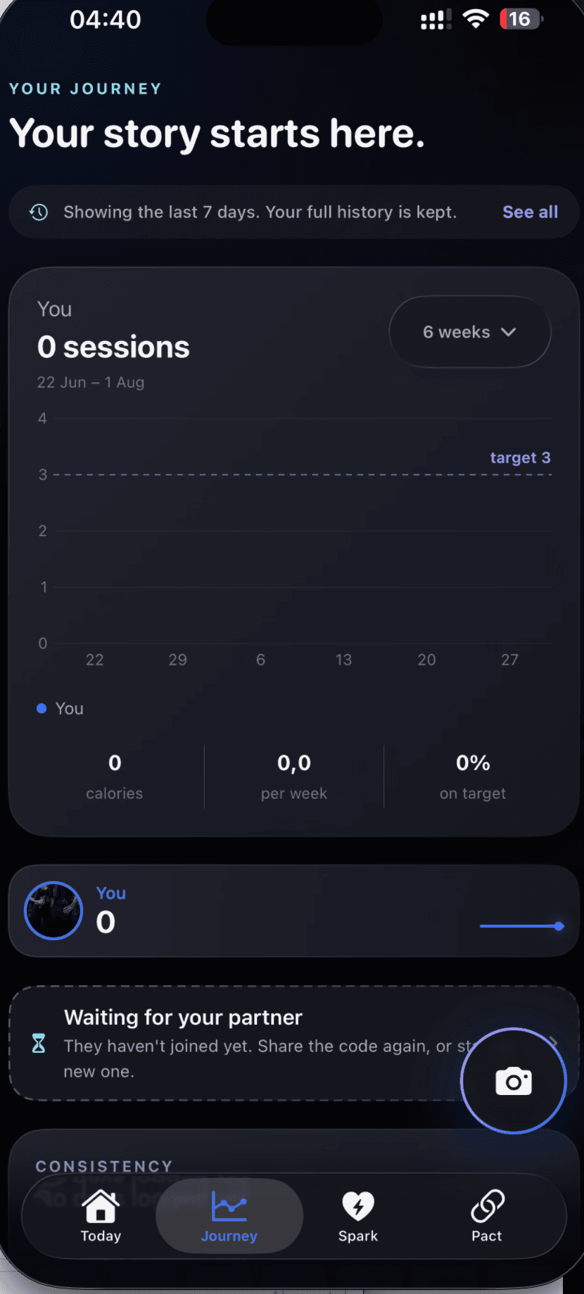 VowDuo Journey screen showing session history and weekly targets