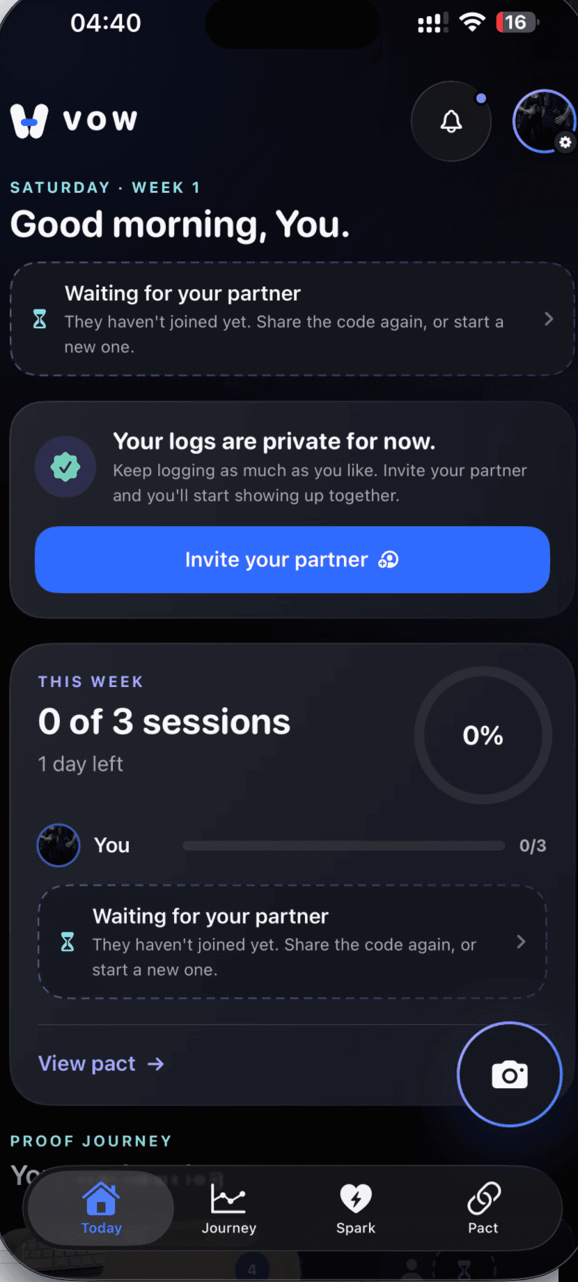 VowDuo Today screen showing weekly sessions, partner progress and streak